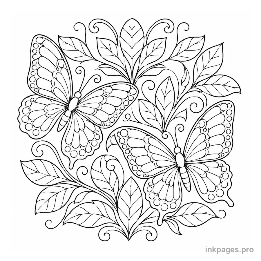 Free printable butterfly coloring page: two butterflies fluttering among leaves