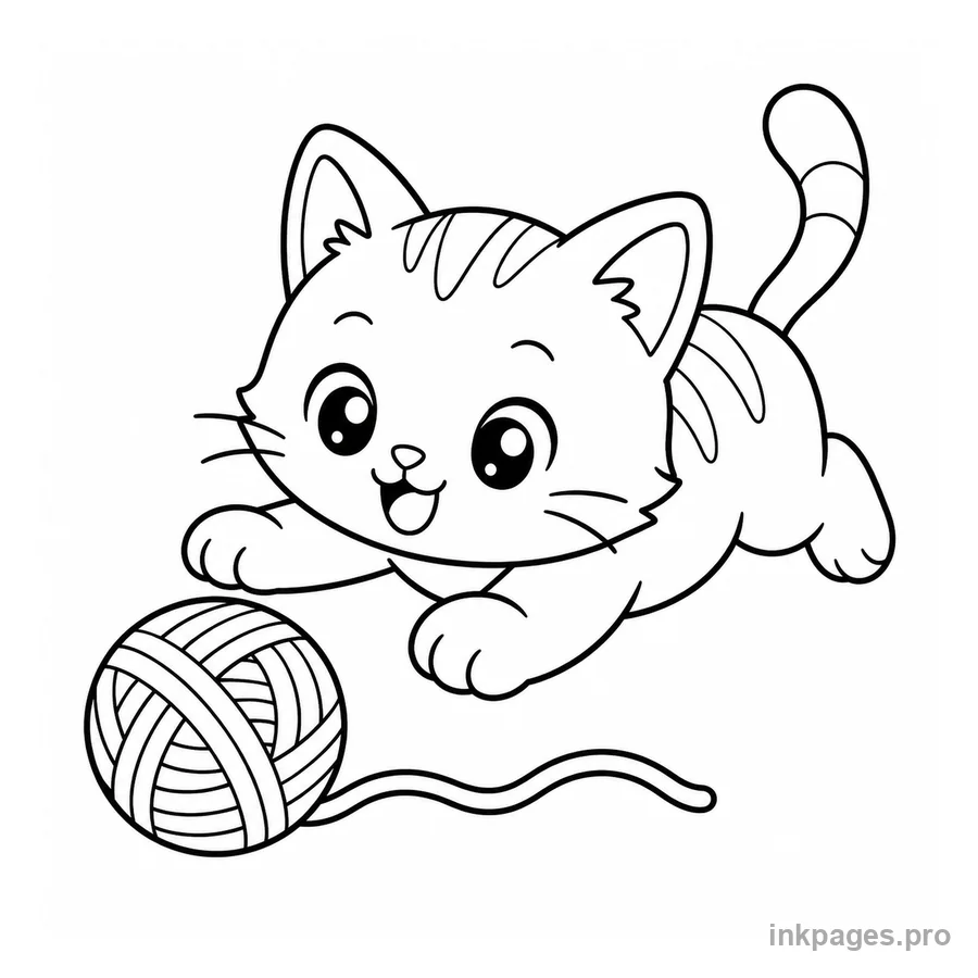 Free printable cat coloring page: a playful cat chasing a ball of yarn