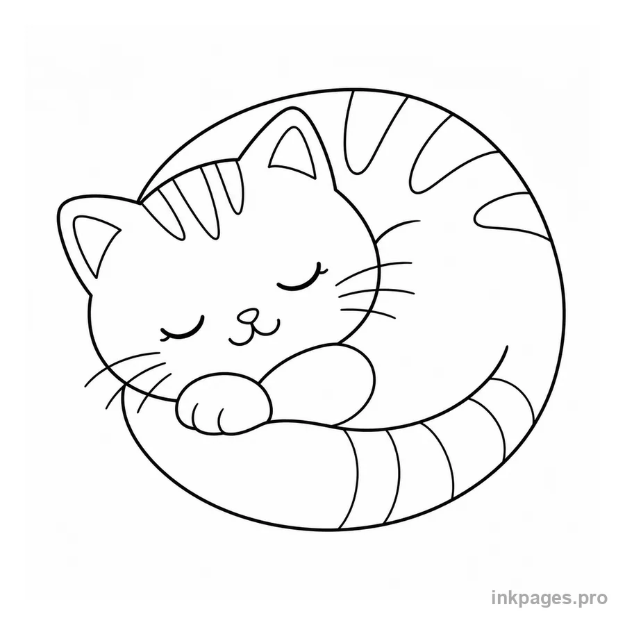 Free printable cat coloring page: a sleepy cat curled up in a cozy circle