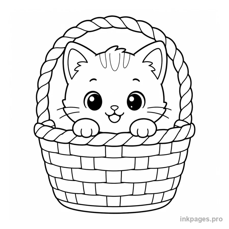 Free printable cat coloring page: a kitten peeking out of a basket