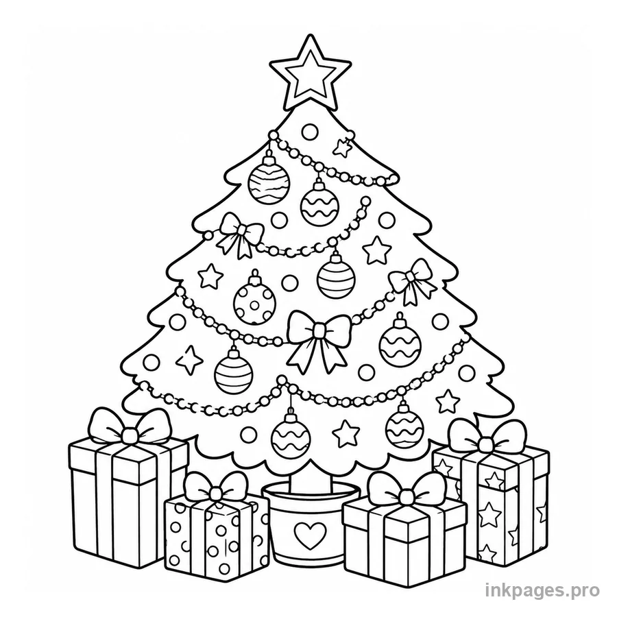 Free printable christmas coloring page: a decorated Christmas tree with presents