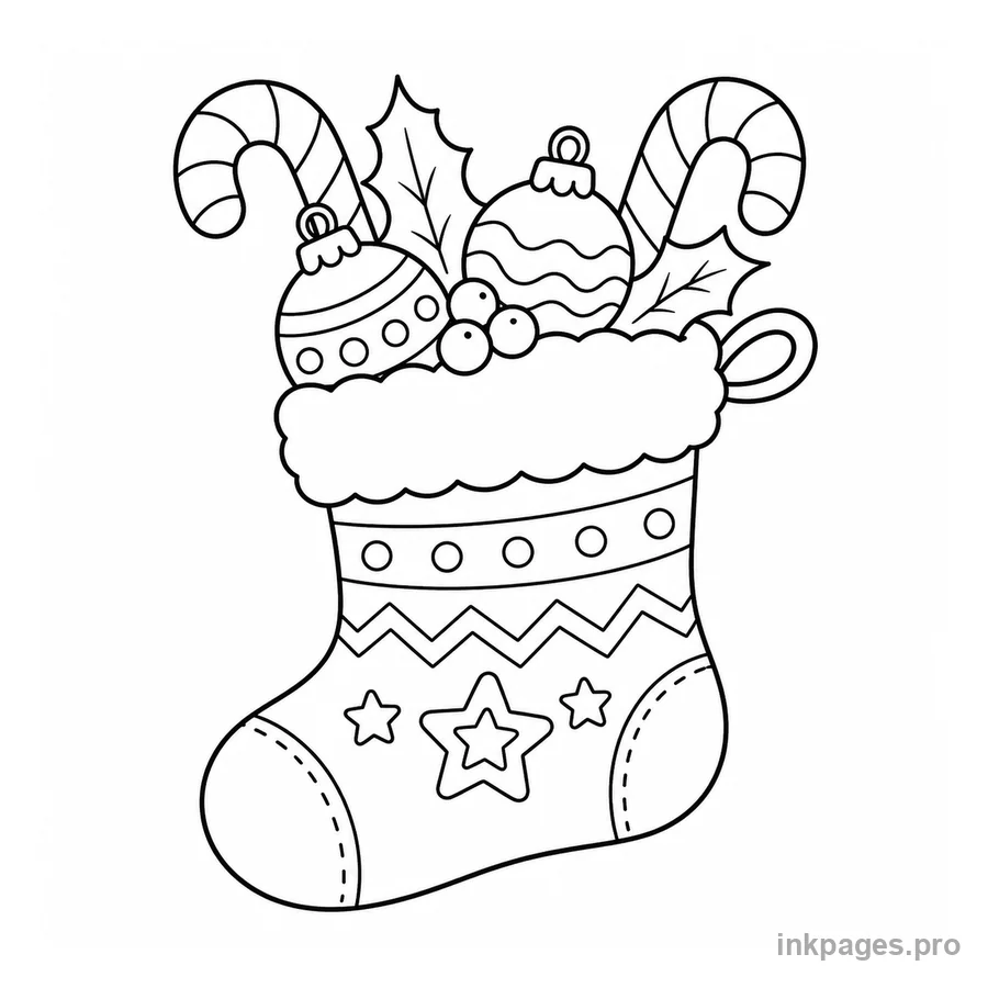 Free printable christmas coloring page: a Christmas stocking with candy canes and ornaments
