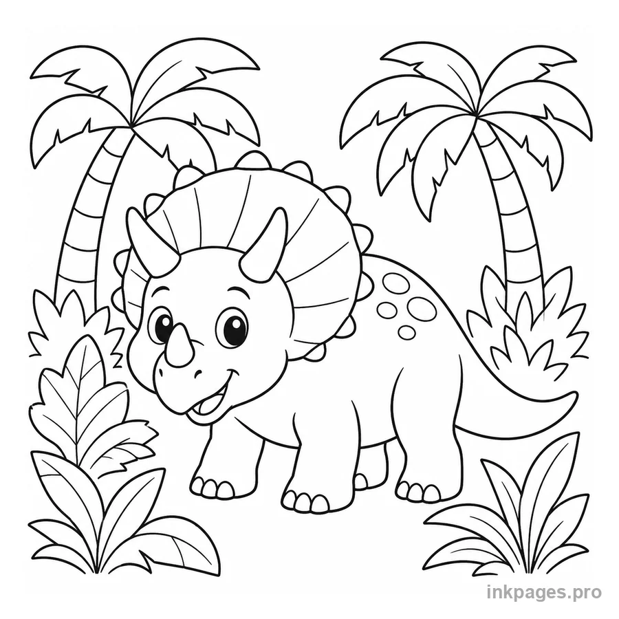 Free printable dinosaur coloring page: a triceratops in a simple jungle scene