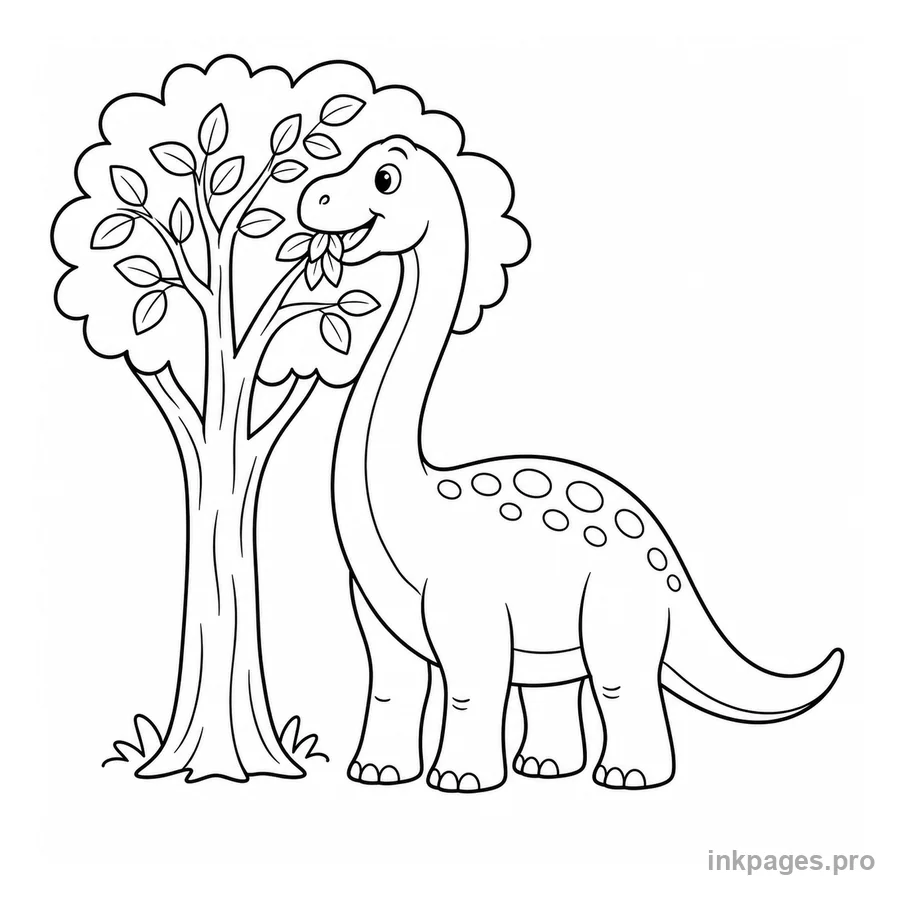 Free printable dinosaur coloring page: a long-necked brachiosaurus eating leaves from a tree