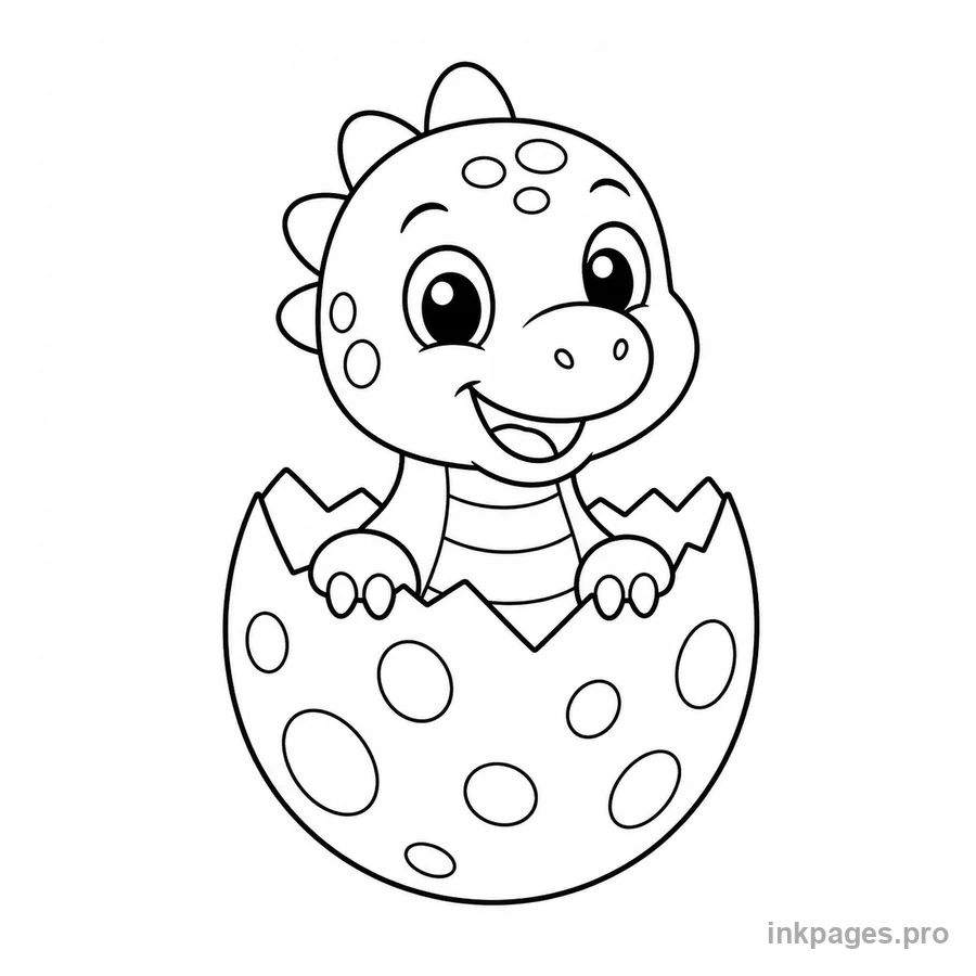 Free printable dinosaur coloring page: a baby dinosaur hatching from a cracked egg