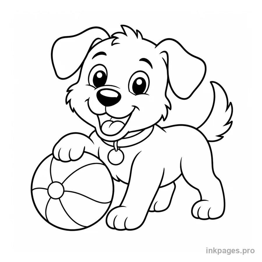 Free printable dog coloring page: a happy dog playing with a ball