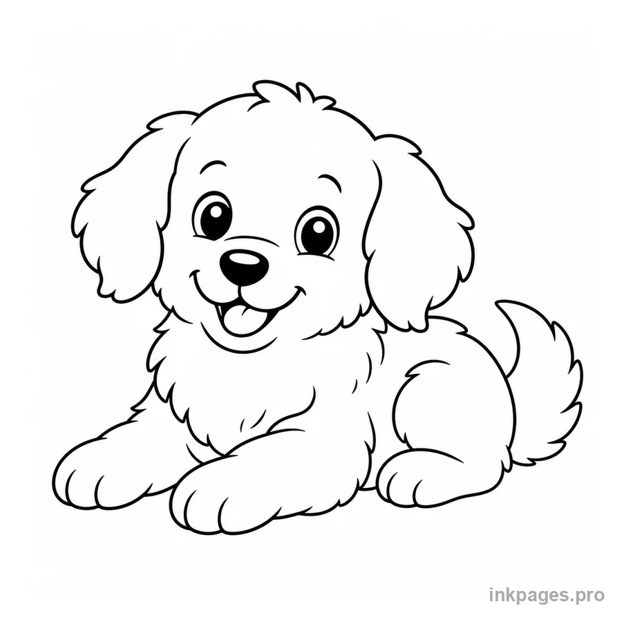 Free printable dog coloring page: a fluffy dog with floppy ears lying down