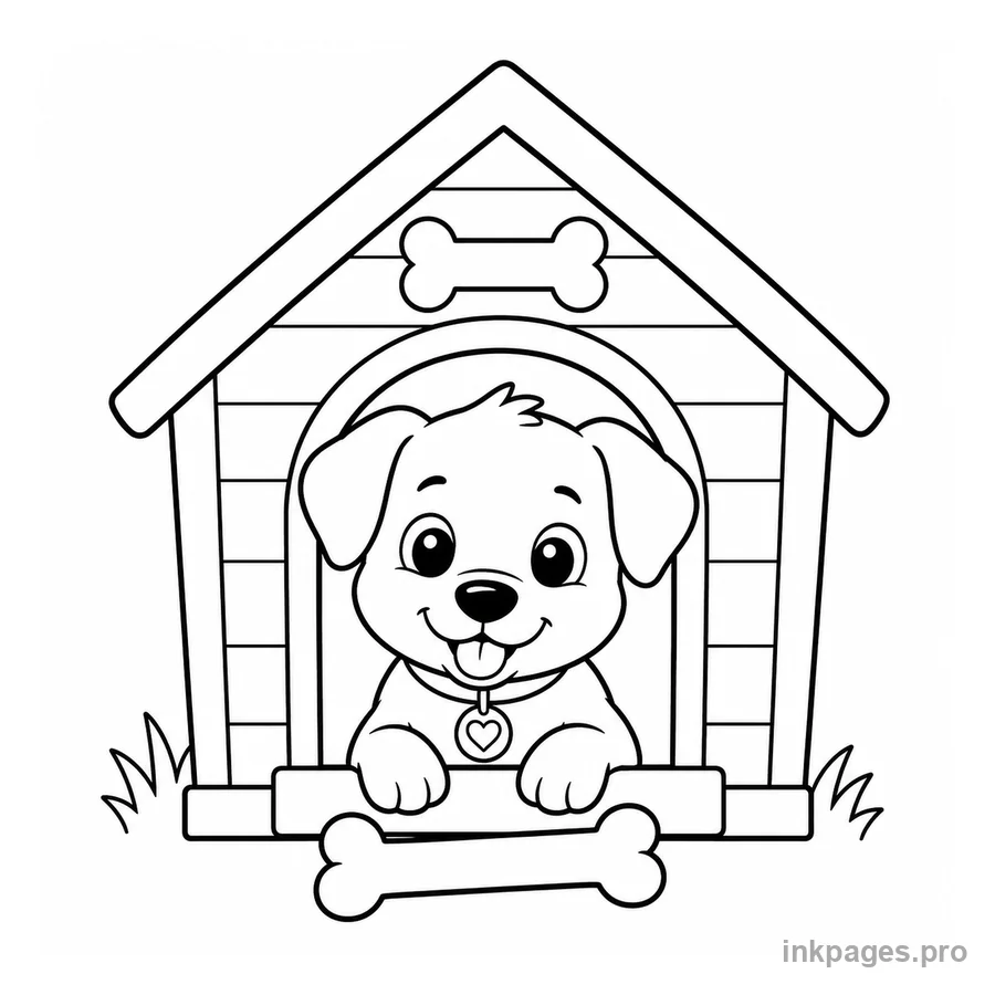 Free printable dog coloring page: a puppy in a dog house with a bone