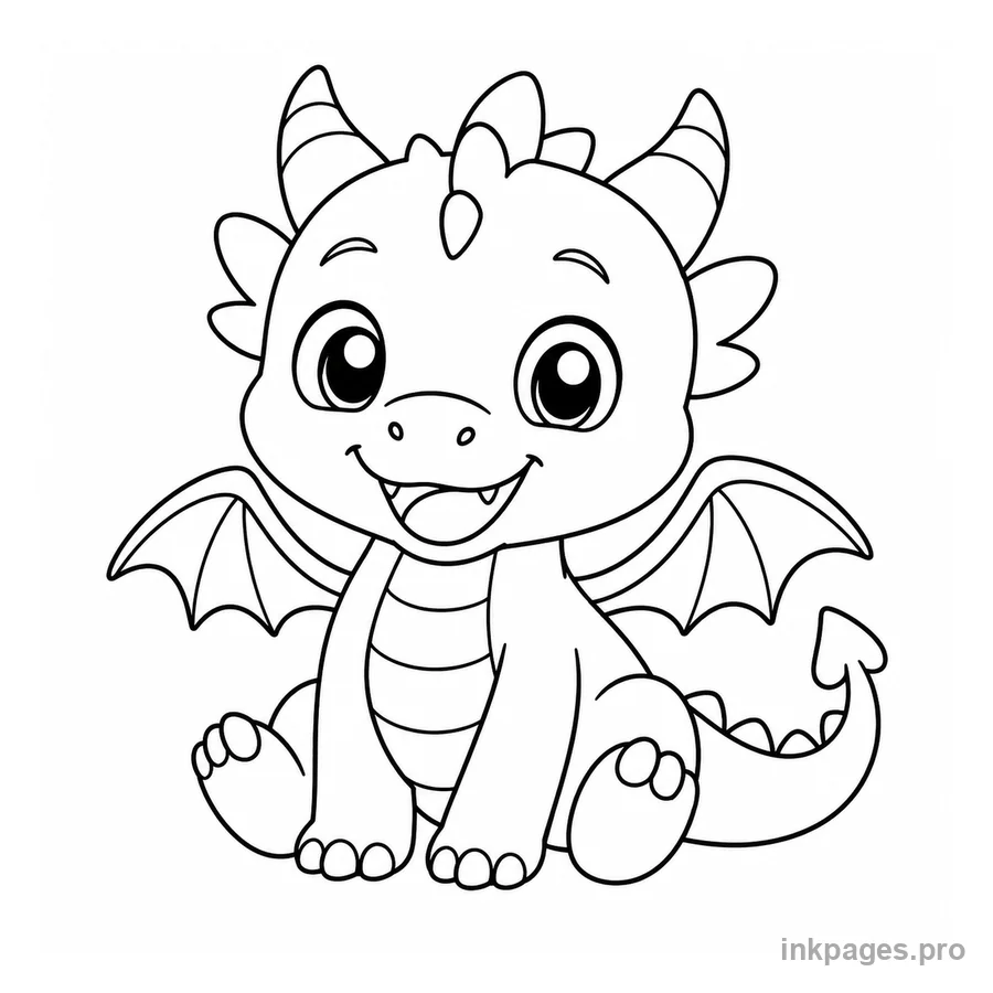 Free printable dragon coloring page: a cute baby dragon with small wings sitting and smiling