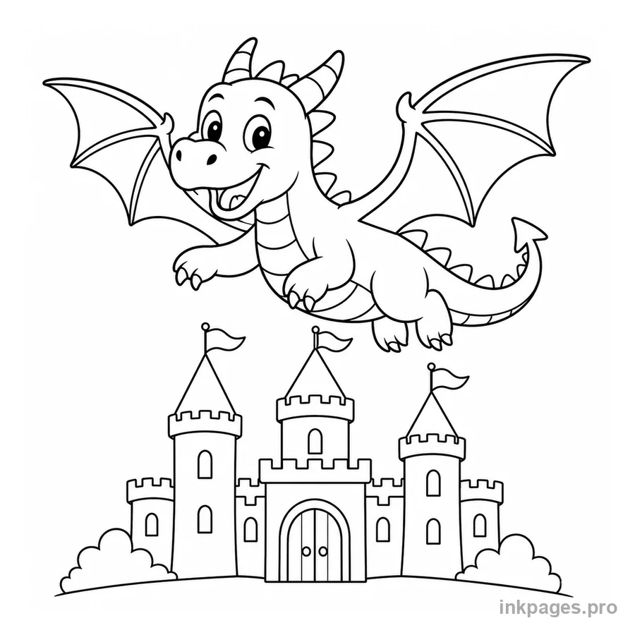 Free printable dragon coloring page: a friendly dragon flying over a castle