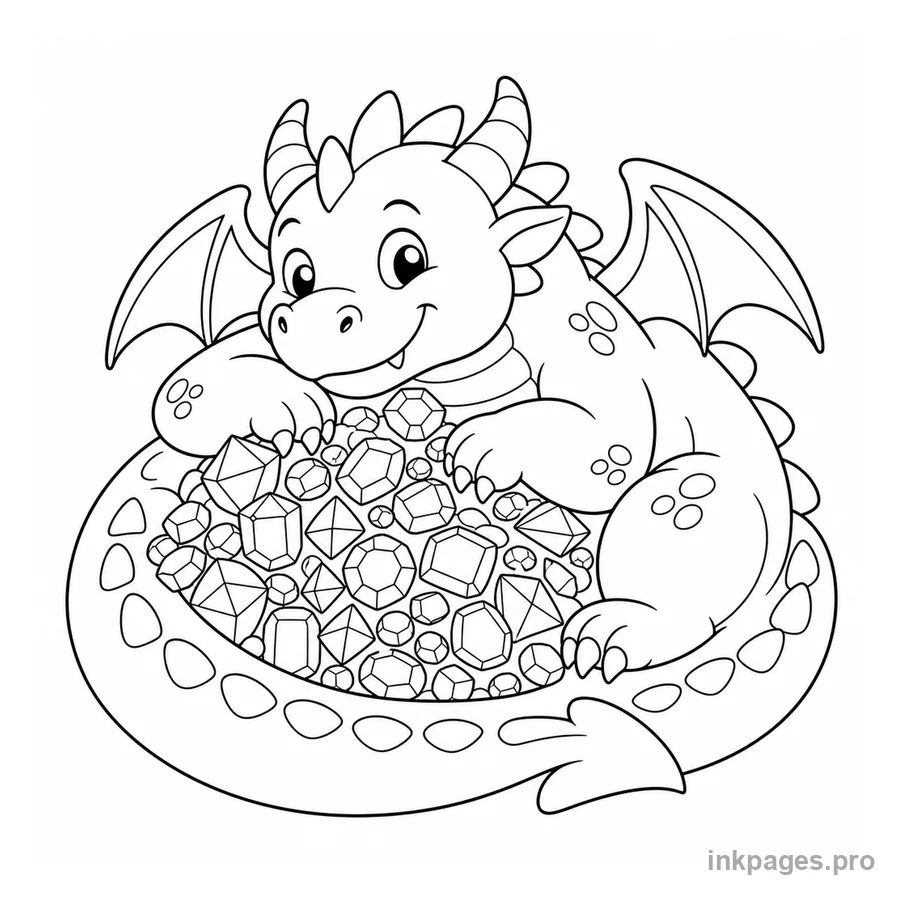Free printable dragon coloring page: a chubby dragon curled around a pile of gems