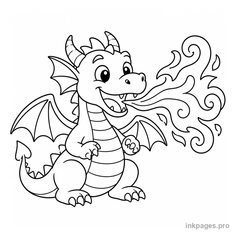 Free printable dragon coloring page: a dragon breathing a swirl of friendly fire