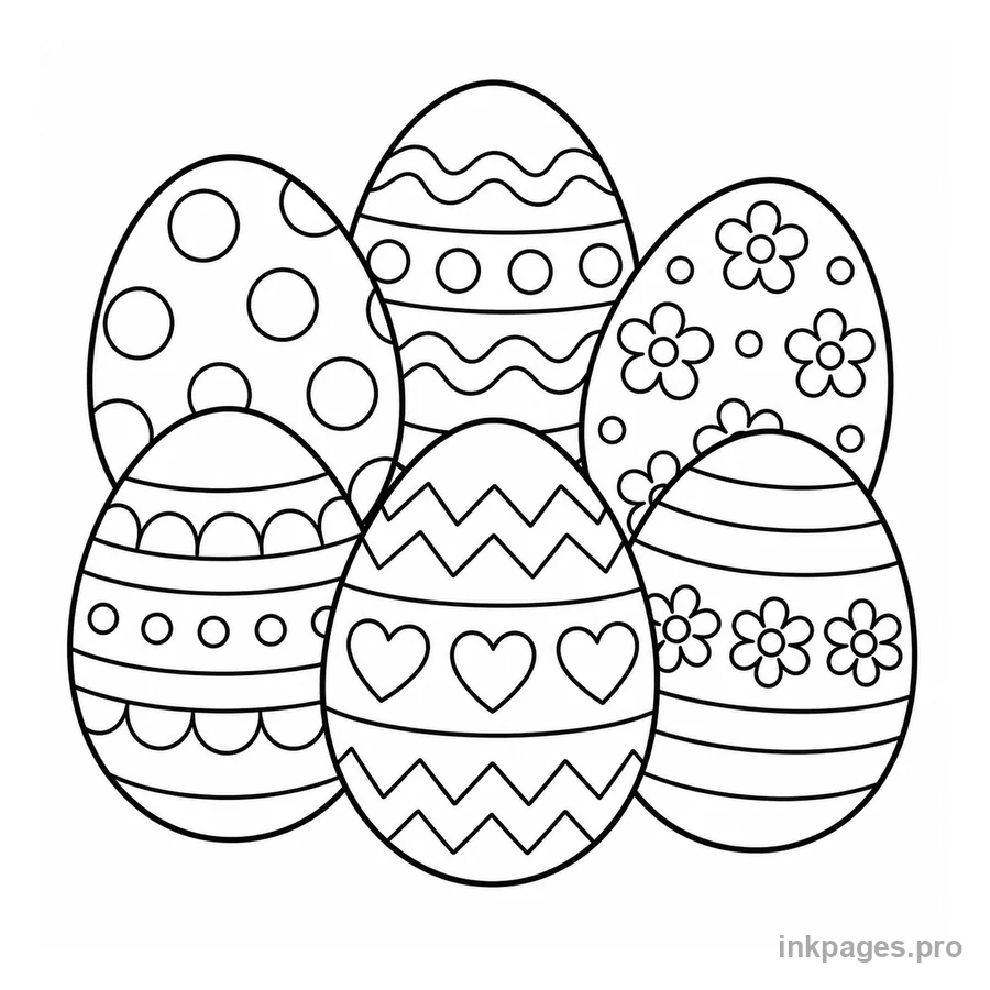 Free printable easter coloring page: a group of decorated Easter eggs with patterns