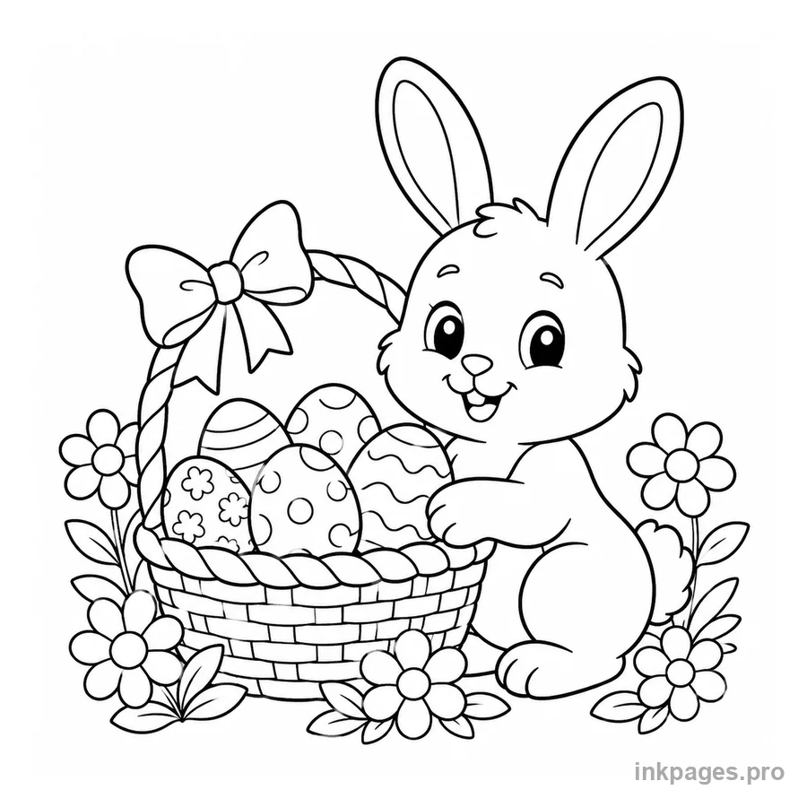 Free printable easter coloring page: a bunny next to a basket of eggs and flowers