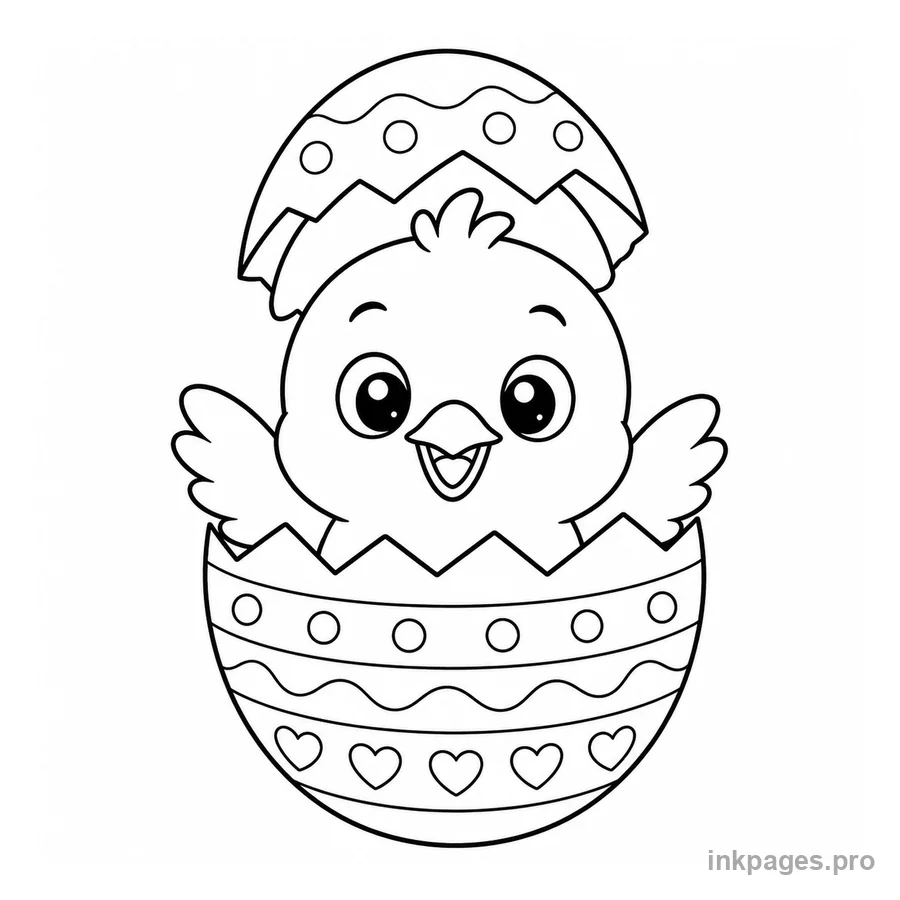 Free printable easter coloring page: a baby chick hatching from a decorated egg