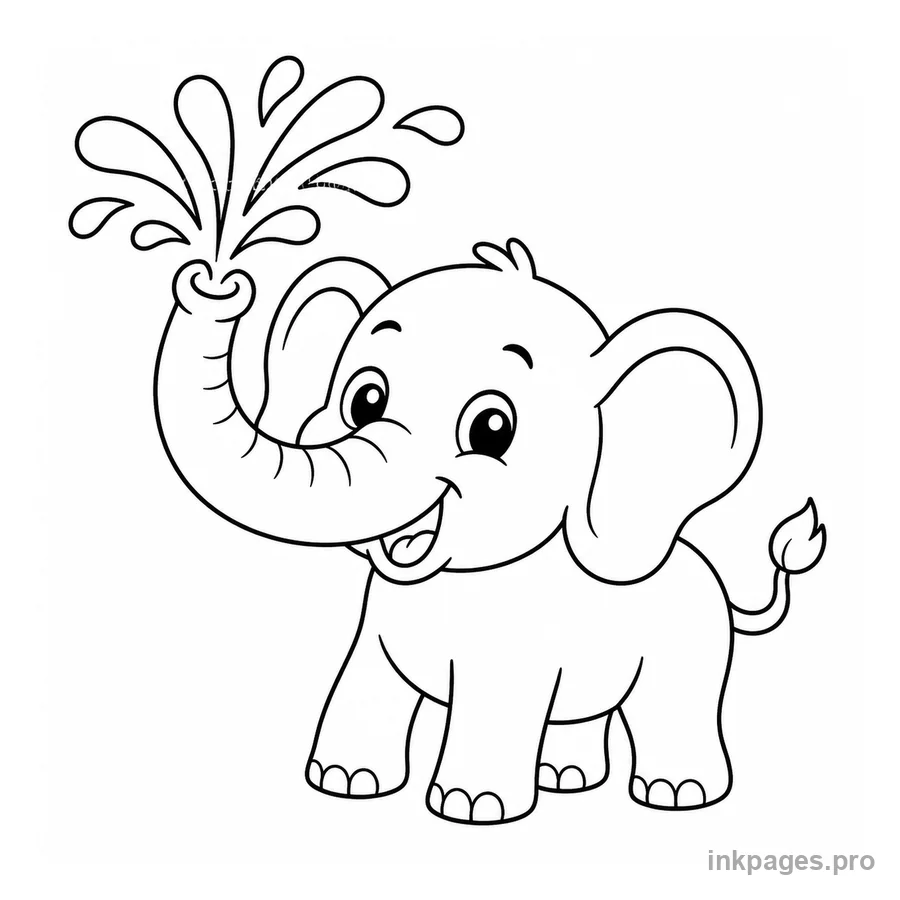 Free printable elephant coloring page: an elephant spraying water with its trunk