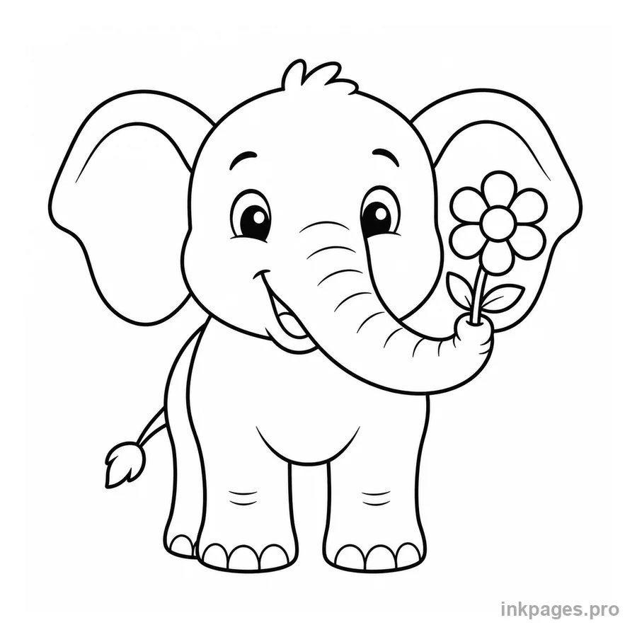 Free printable elephant coloring page: a smiling elephant holding a flower in its trunk