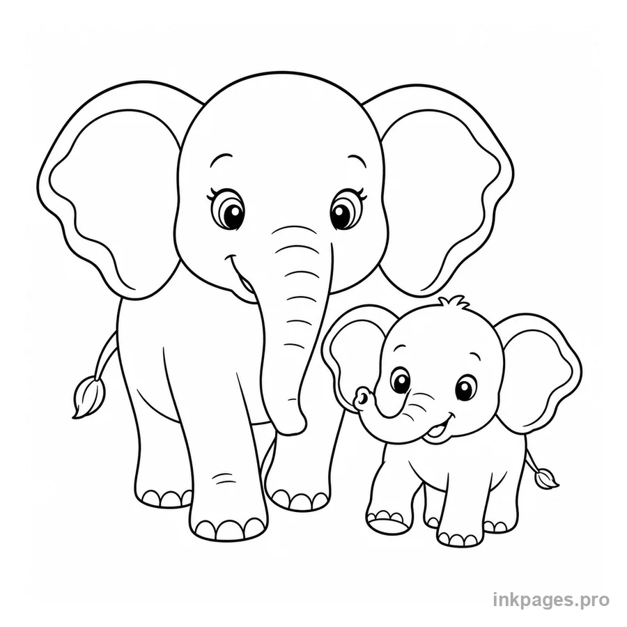 Free printable elephant coloring page: a mother and baby elephant walking together