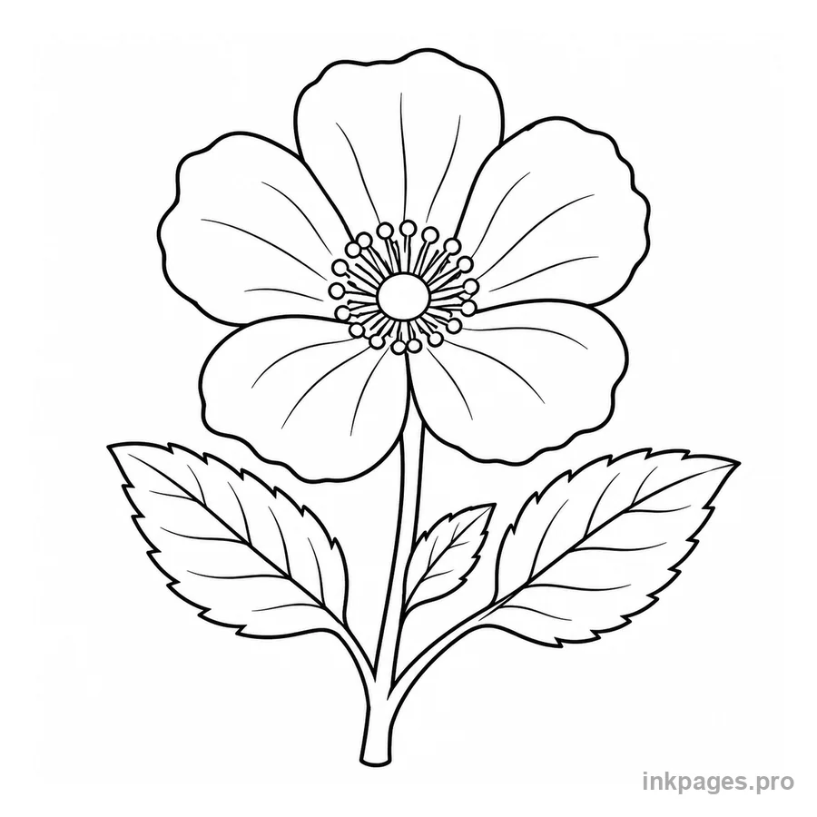 Free printable flower coloring page: a single blooming flower with leaves