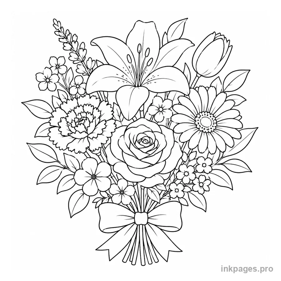 Free printable flower coloring page: a bouquet of mixed flowers