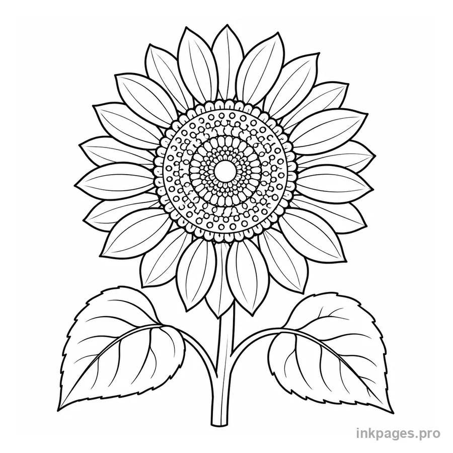 Free printable flower coloring page: a sunflower with a patterned center
