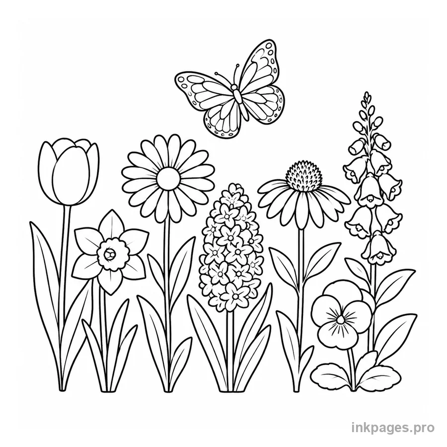 Free printable flower coloring page: a row of garden flowers with a butterfly