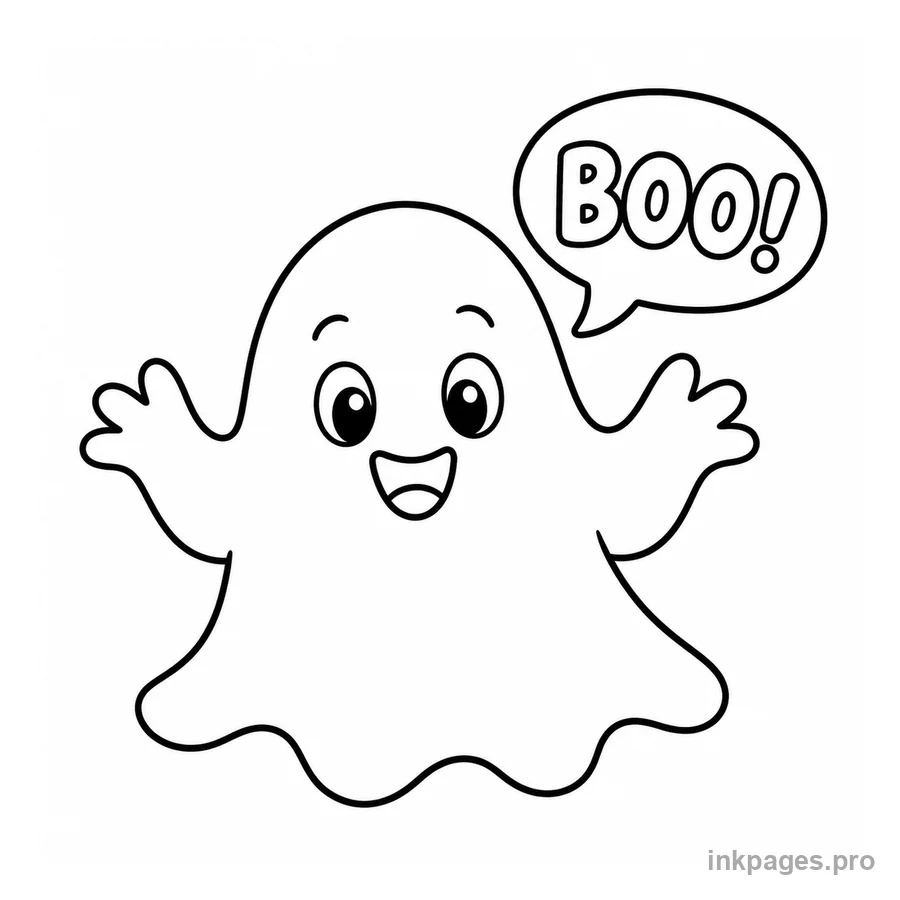 Free printable halloween coloring page: a cute friendly ghost saying boo