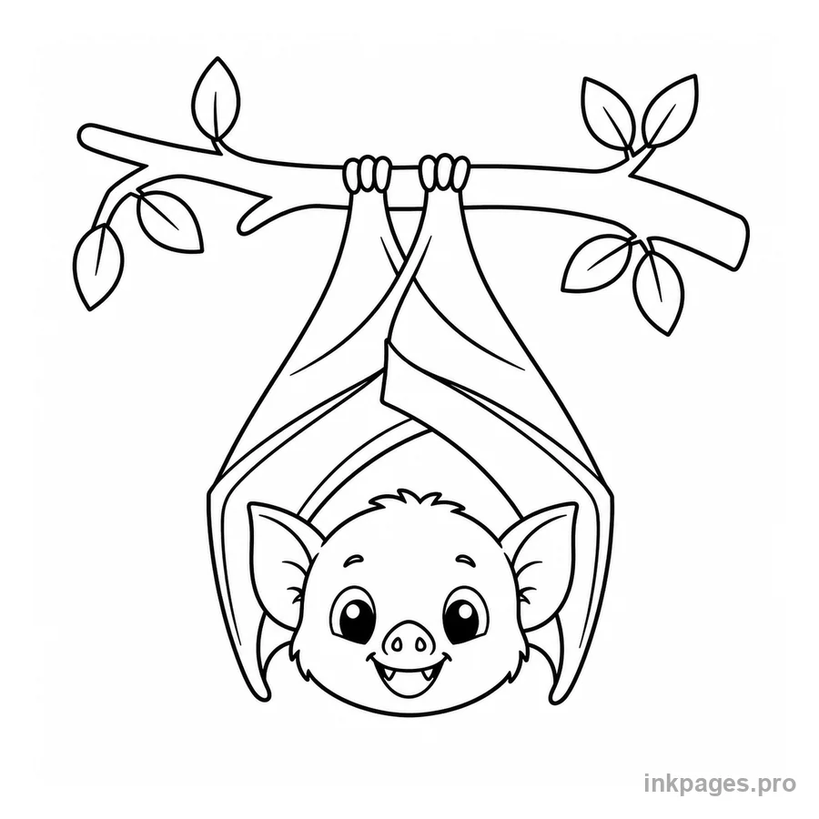 Free printable halloween coloring page: a happy little bat hanging from a branch