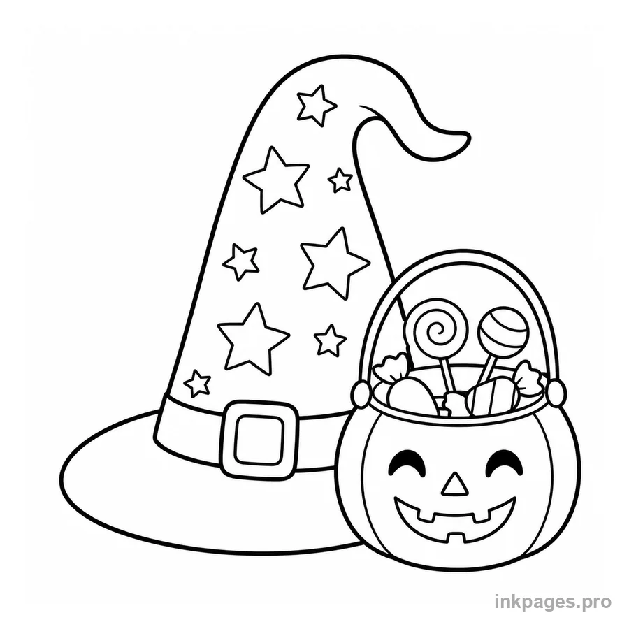 Free printable halloween coloring page: a witch hat with stars and a candy bucket