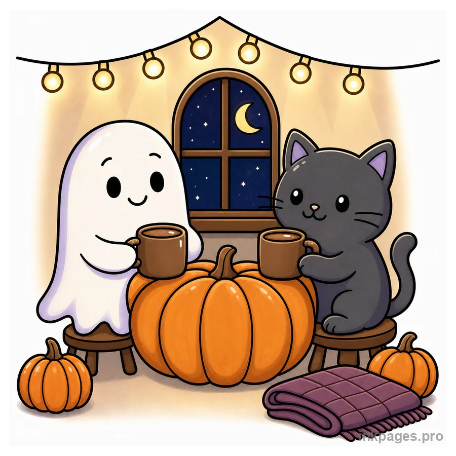 Finished color inspiration for spooky cute ghost and cat coloring page