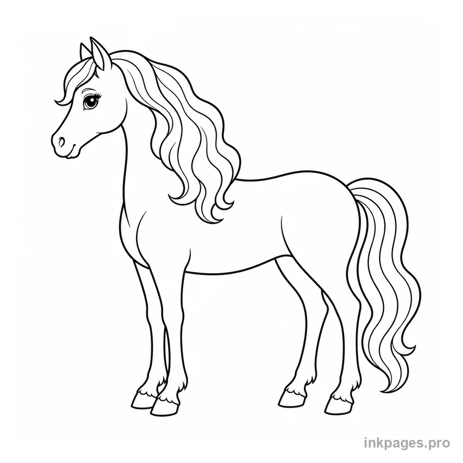 Free printable horse coloring page: a graceful horse standing in profile with a flowing mane