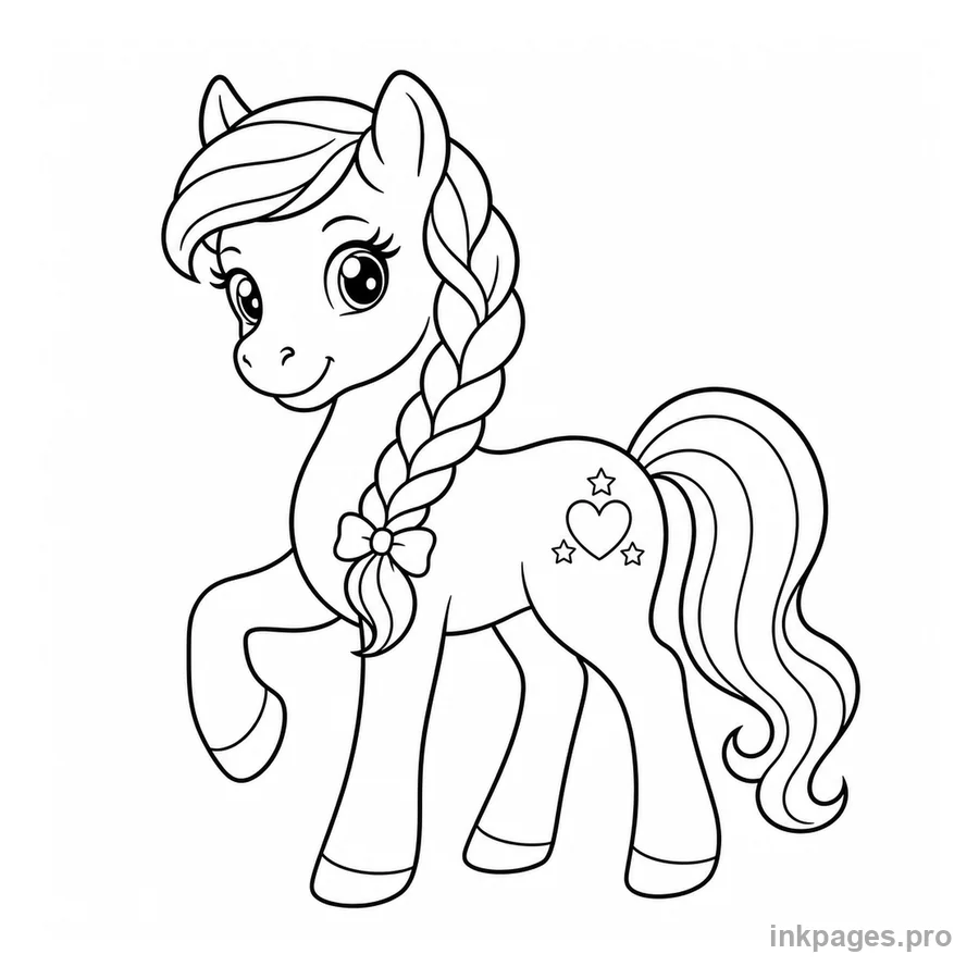 Free printable horse coloring page: a cute pony with a braided mane