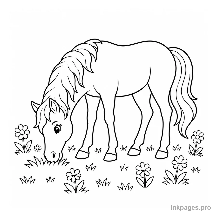 Free printable horse coloring page: a horse grazing in a simple meadow