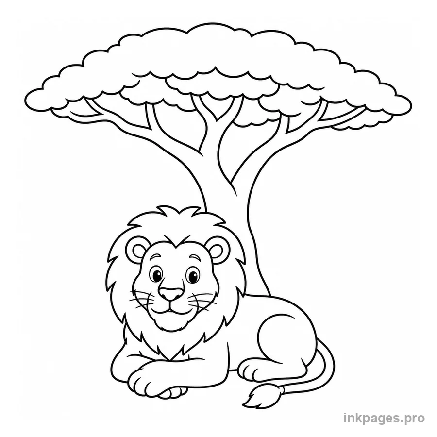 Free printable lion coloring page: a lion resting under a simple acacia tree