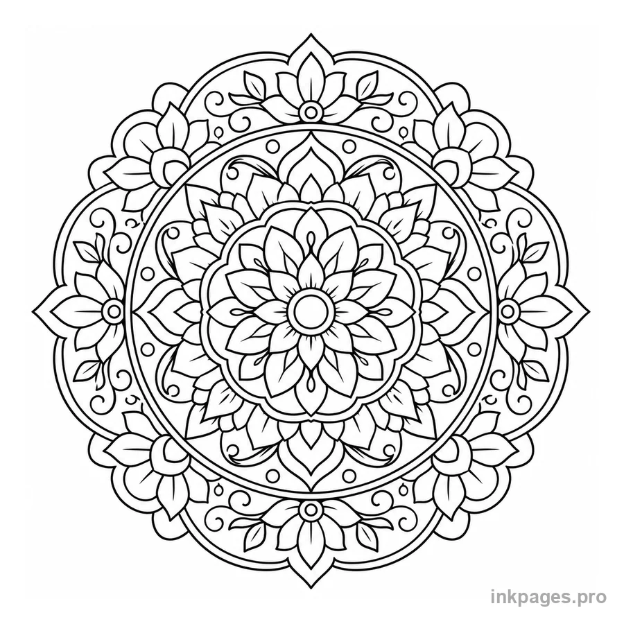 Free printable mandala coloring page: an intricate circular mandala with floral patterns