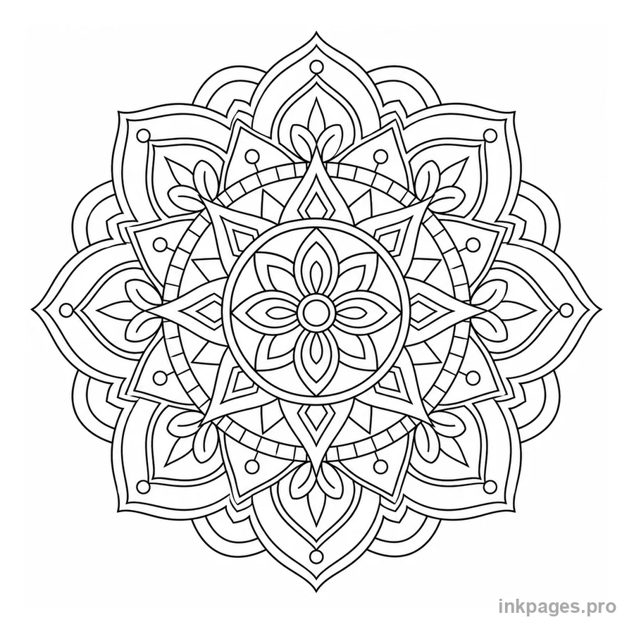Free printable mandala coloring page: a symmetric geometric mandala with fine line work