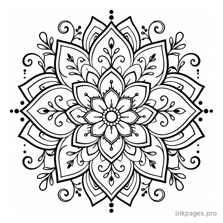 Free printable mandala coloring page: a detailed flower mandala with layered petals