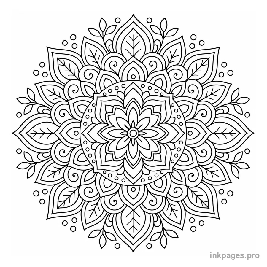 Free printable mandala coloring page: an ornate mandala with leaves and dots