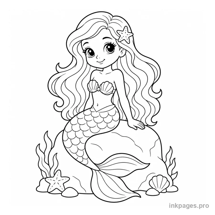 Free printable mermaid coloring page: a cute mermaid with long flowing hair sitting on a rock