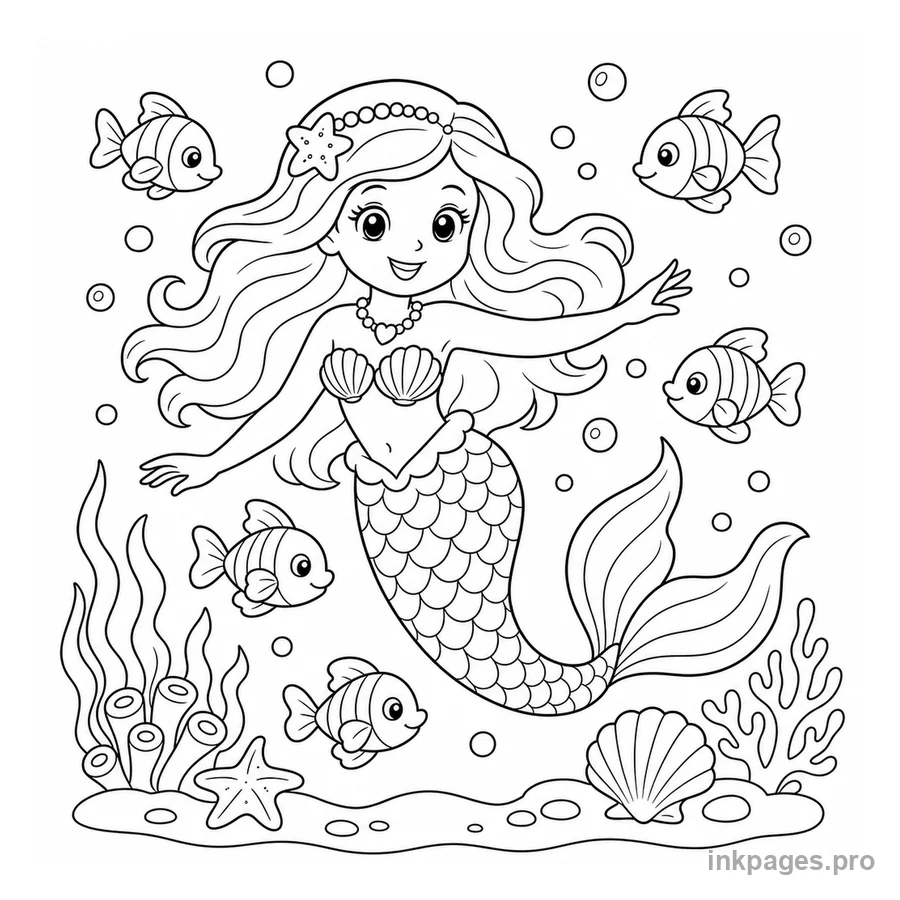 Free printable mermaid coloring page: a smiling mermaid swimming with fish