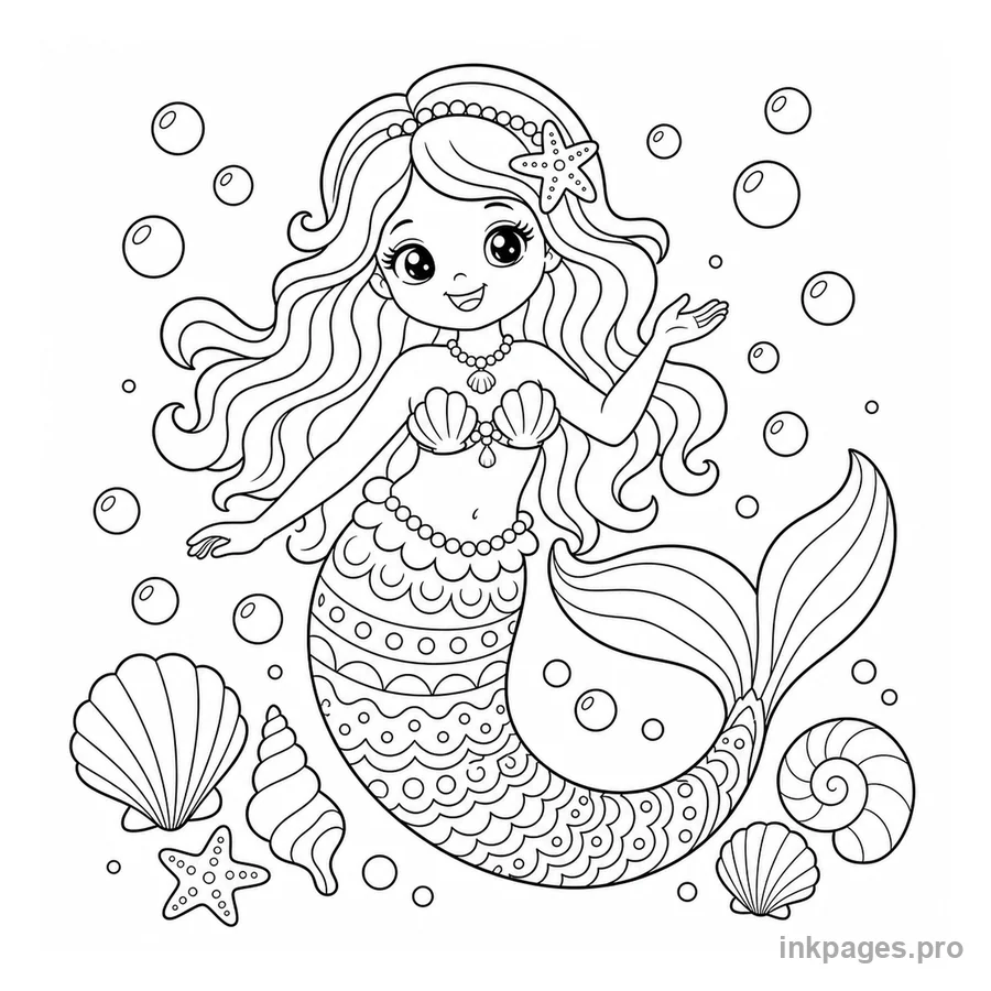 Free printable mermaid coloring page: a mermaid with a patterned tail among bubbles and shells