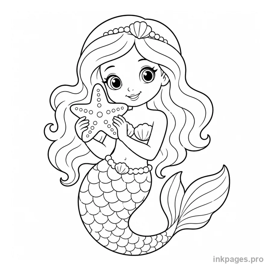 Free printable mermaid coloring page: a young mermaid holding a starfish