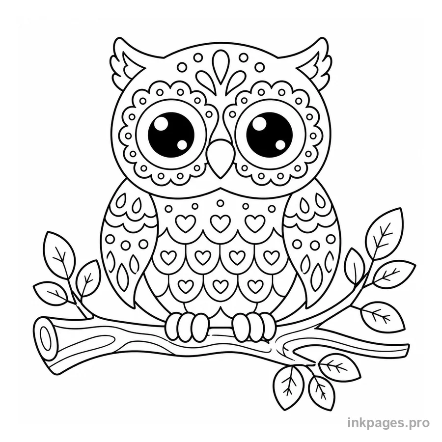 Free printable owl coloring page: a cute owl with big round eyes on a branch