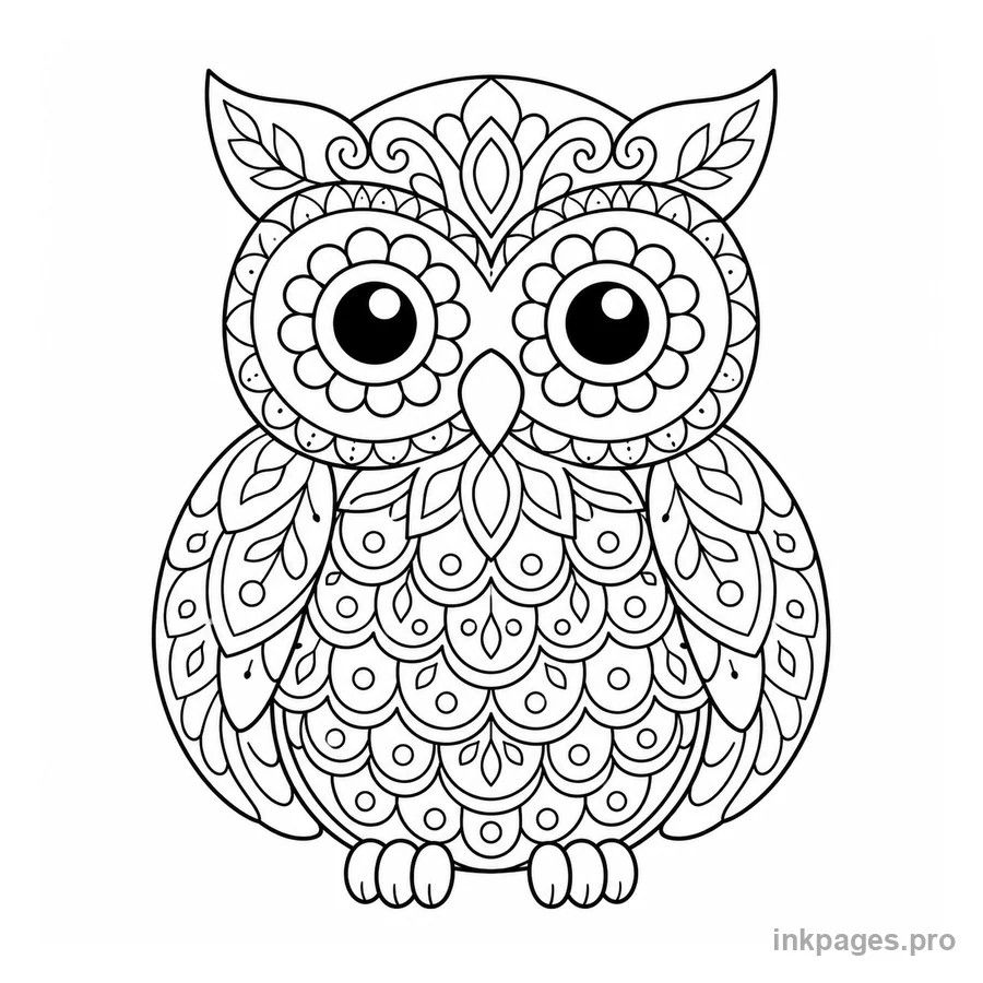 Free printable owl coloring page: an owl with decorative patterned feathers