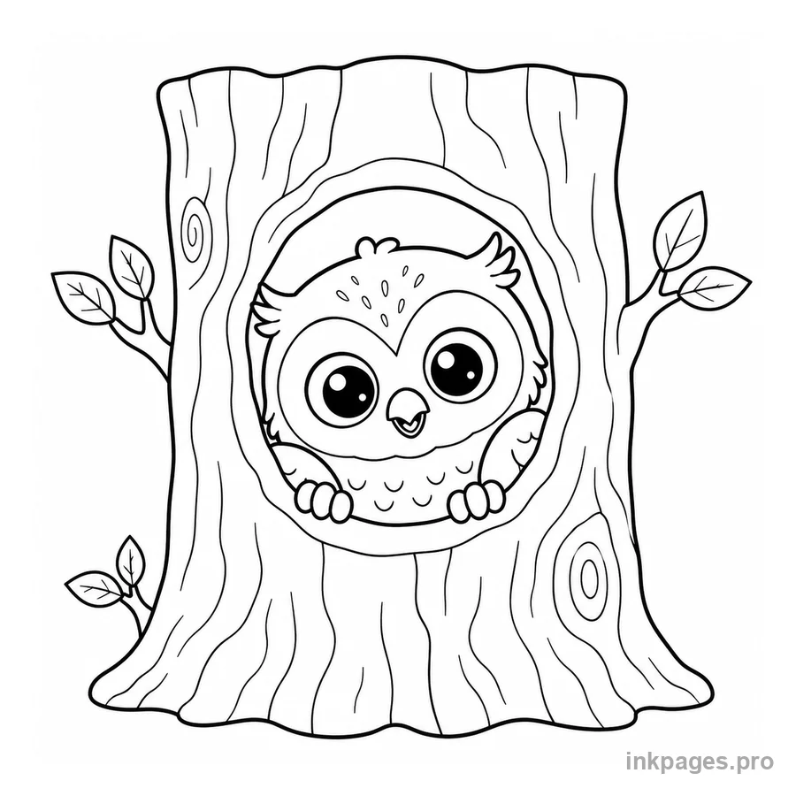Free printable owl coloring page: a baby owl peeking from a tree hollow