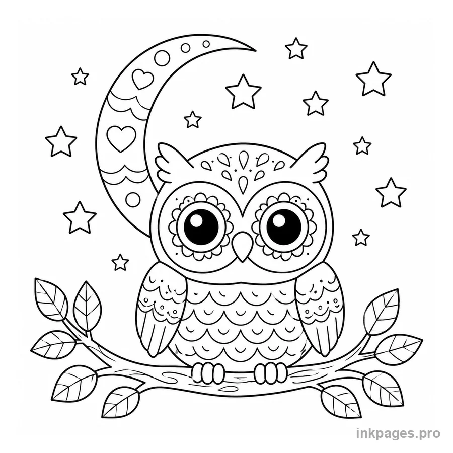 Free printable owl coloring page: an owl under a crescent moon and stars
