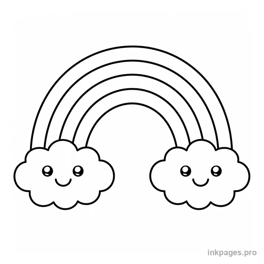 Free printable rainbow coloring page: a simple rainbow with fluffy clouds