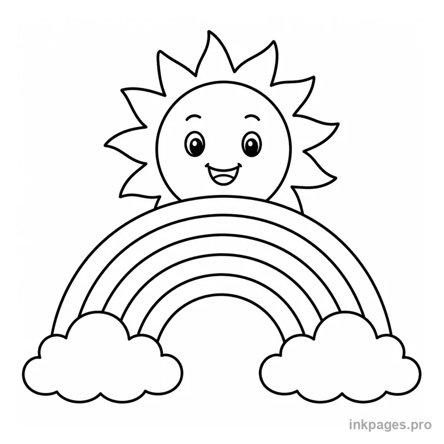 Free printable rainbow coloring page: a rainbow with a smiling sun