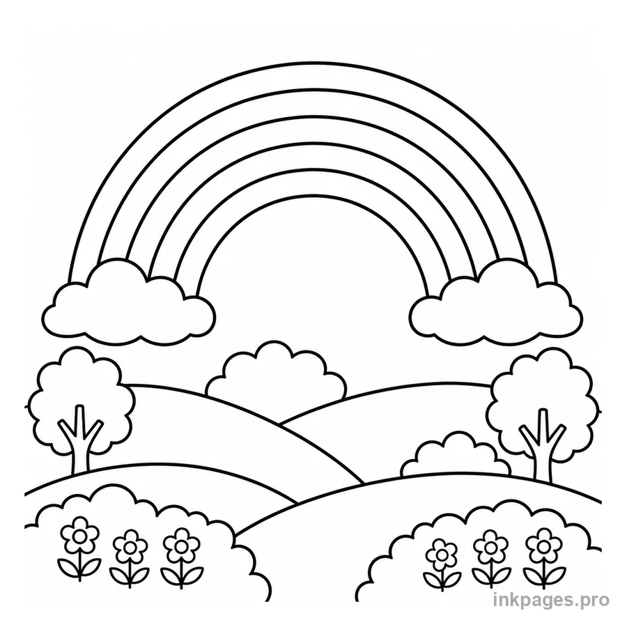 Free printable rainbow coloring page: a rainbow over rolling hills