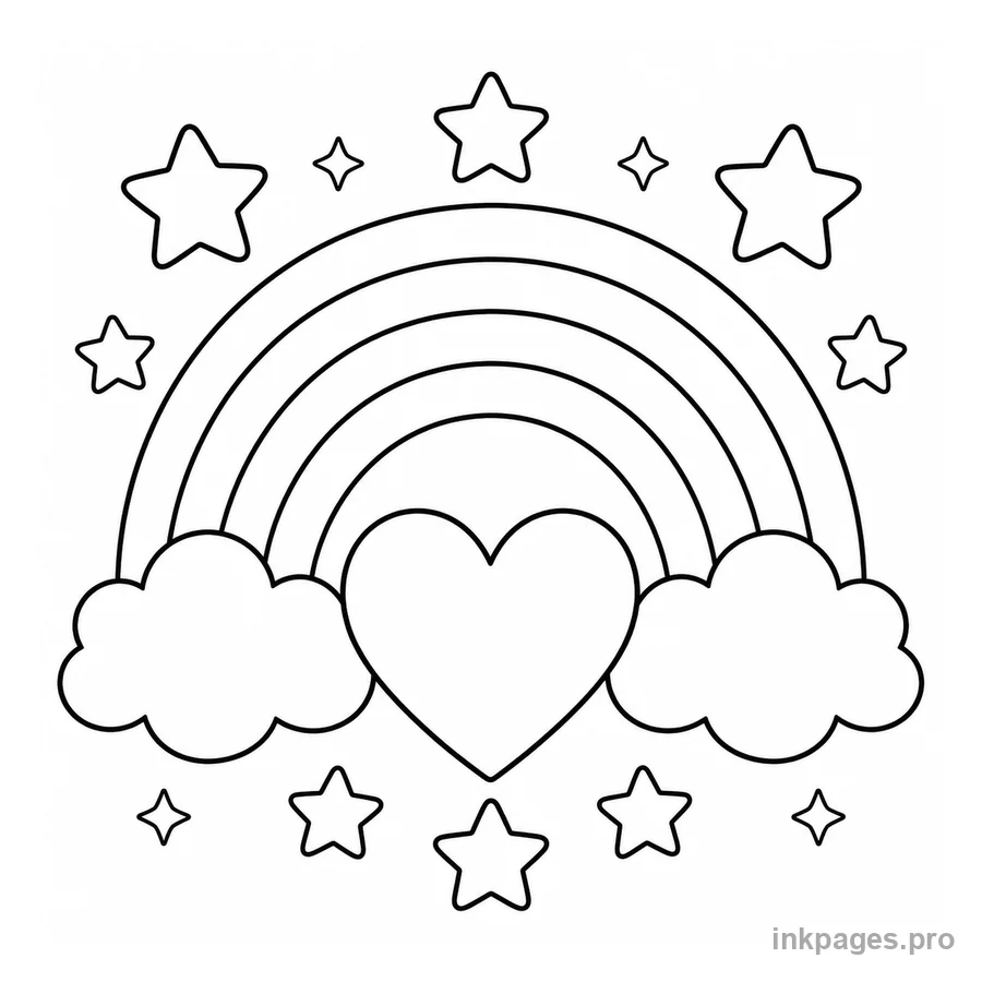 Free printable rainbow coloring page: a rainbow with stars and a heart